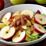 **Autumn Apple Cinnamon Salad:** A vibrant salad featuring sliced organic apples (with skin), sprinkled with cinnamon sugar, and a light lemon juice dressing. The image should highlight the crispness of the apples and the warm tones of the cinnamon.