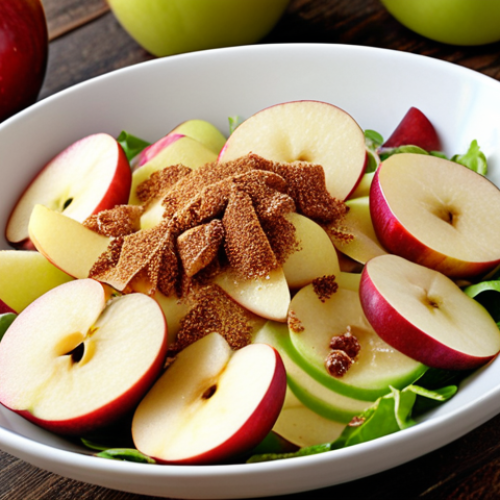 **Autumn Apple Cinnamon Salad:** A vibrant salad featuring sliced organic apples (with skin), sprinkled with cinnamon sugar, and a light lemon juice dressing. The image should highlight the crispness of the apples and the warm tones of the cinnamon.