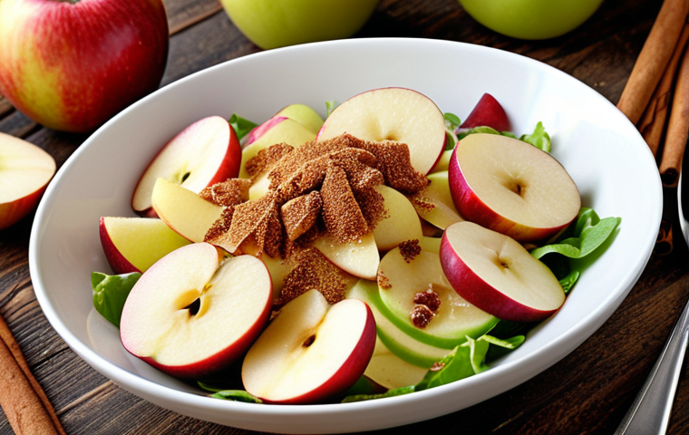 **Autumn Apple Cinnamon Salad:** A vibrant salad featuring sliced organic apples (with skin), sprinkled with cinnamon sugar, and a light lemon juice dressing. The image should highlight the crispness of the apples and the warm tones of the cinnamon.