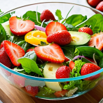 **A vibrant and fresh spring salad with various colorful vegetables and fruits (strawberries, tomatoes, leafy greens), arranged artfully in a clear glass bowl. The salad is drizzled with a light, homemade vinaigrette. Focus on the crisp textures and bright colors. Soft, diffused natural light.**