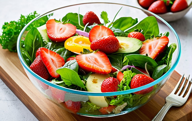 **A vibrant and fresh spring salad with various colorful vegetables and fruits (strawberries, tomatoes, leafy greens), arranged artfully in a clear glass bowl. The salad is drizzled with a light, homemade vinaigrette. Focus on the crisp textures and bright colors. Soft, diffused natural light.**