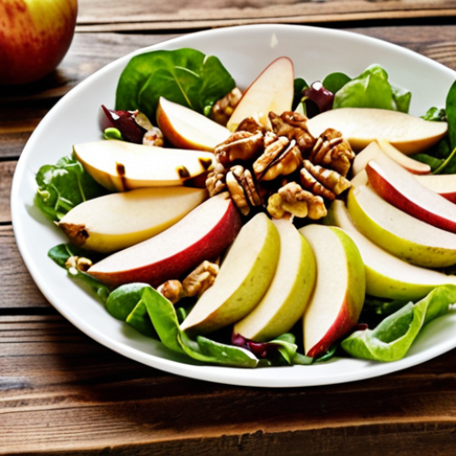 A vibrant autumn salad with seasonal ingredients like apples, pears, and walnuts, drizzled with homemade apple cider vinaigrette, presented on a rustic wooden table.