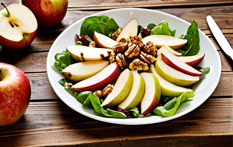 A vibrant autumn salad with seasonal ingredients like apples, pears, and walnuts, drizzled with homemade apple cider vinaigrette, presented on a rustic wooden table.