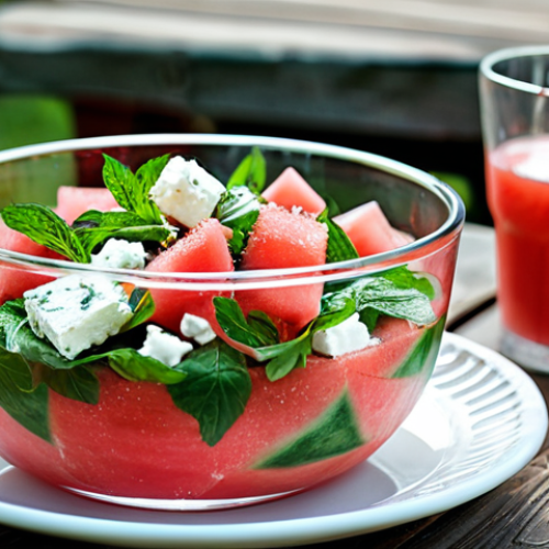 A professional close-up shot of a refreshing watermelon and feta cheese salad with fresh mint leaves, served in a clear glass bowl on a rustic wooden picnic table. The vibrant red of the watermelon, white of the feta, and green of the mint create a beautiful contrast. The background features a blurred outdoor summer barbecue setting under bright, natural light. Professional photography, high quality, natural colors, perfect composition, appetizing, delicious, safe for work, appropriate content, family-friendly.